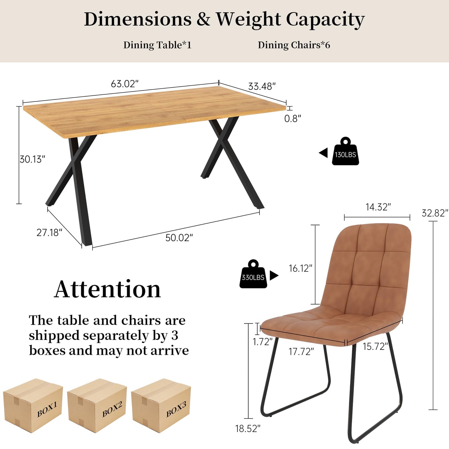 HIPIHOM 7-Piece Dining Table Set for 6 People, 63" MDF Kitchen Table with 6 Upholstered Chairs, Metal Legs for Dining Room, Kitchen(Oak Table+6 U-Shaped Brown Chairs)