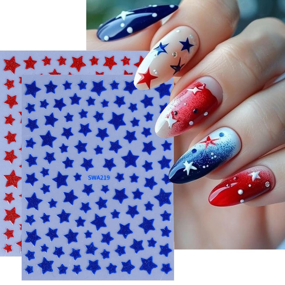 6 Sheets 3D Star Nail Stickers for Nail Art - Self-Adhesive Red Blue White Star Nail Decals, Patriotic 4th of July Independence Day Nail Supplies Sticker for Women DIY Manicure Decor Nails Accessories