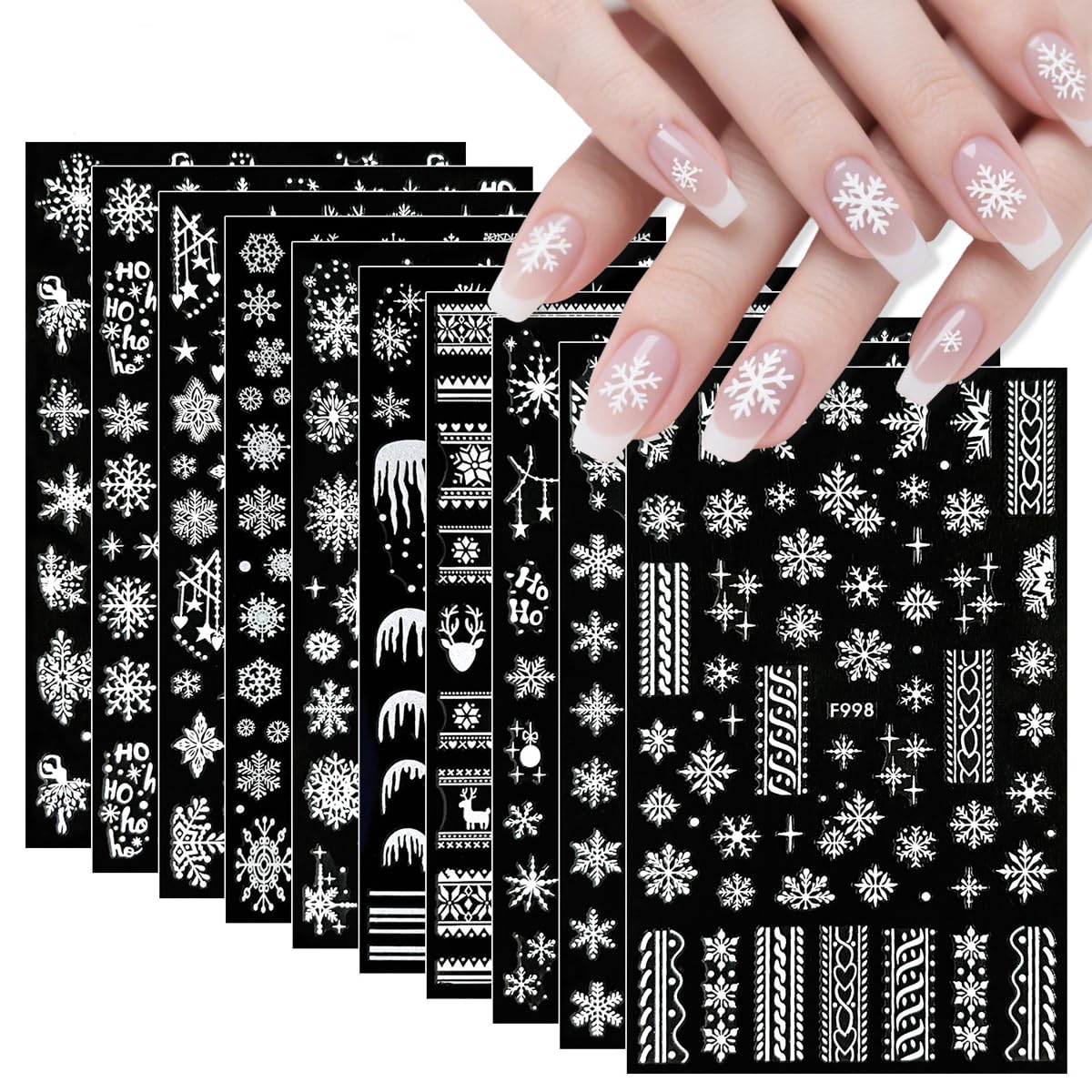 10 Sheets Christmas Nail Art Stickers Snowflake Nail Stickers White Nail Decals Winter Self Adhesive Nail Art Supplies for Women Girls DIY Manicure Nail Art Decorations