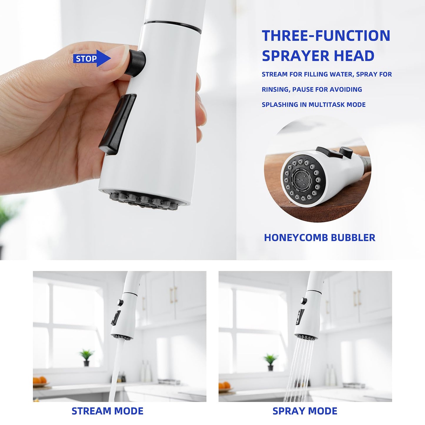HGHGK Touch on Kitchen Faucet with Soap Dispenser and Pull Down Sprayer - Single Handle Kitchen Sink Faucet, 1 or 3 Hole Design for Modern Farmhouse Kitchens, Rv, and Bar Sinks (White)