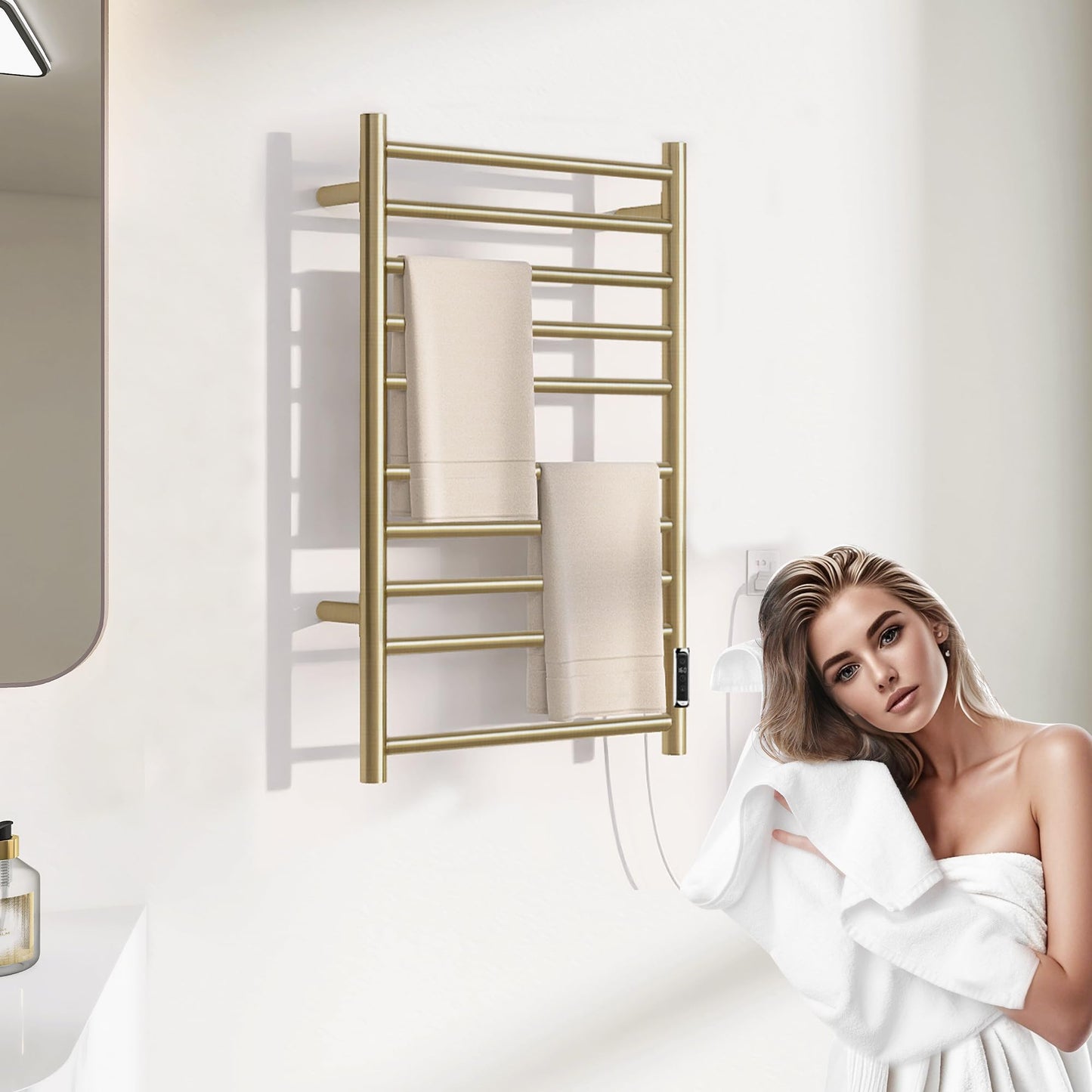 BLARALA Heated Towel Racks for Bathroom, Wall Mounted Electric Towel Warmer Racks with Timer & Temperature Control, 10 Bar Stainless Steel Towel Heater for Bathroom, Brushed Gold, Plug-in
