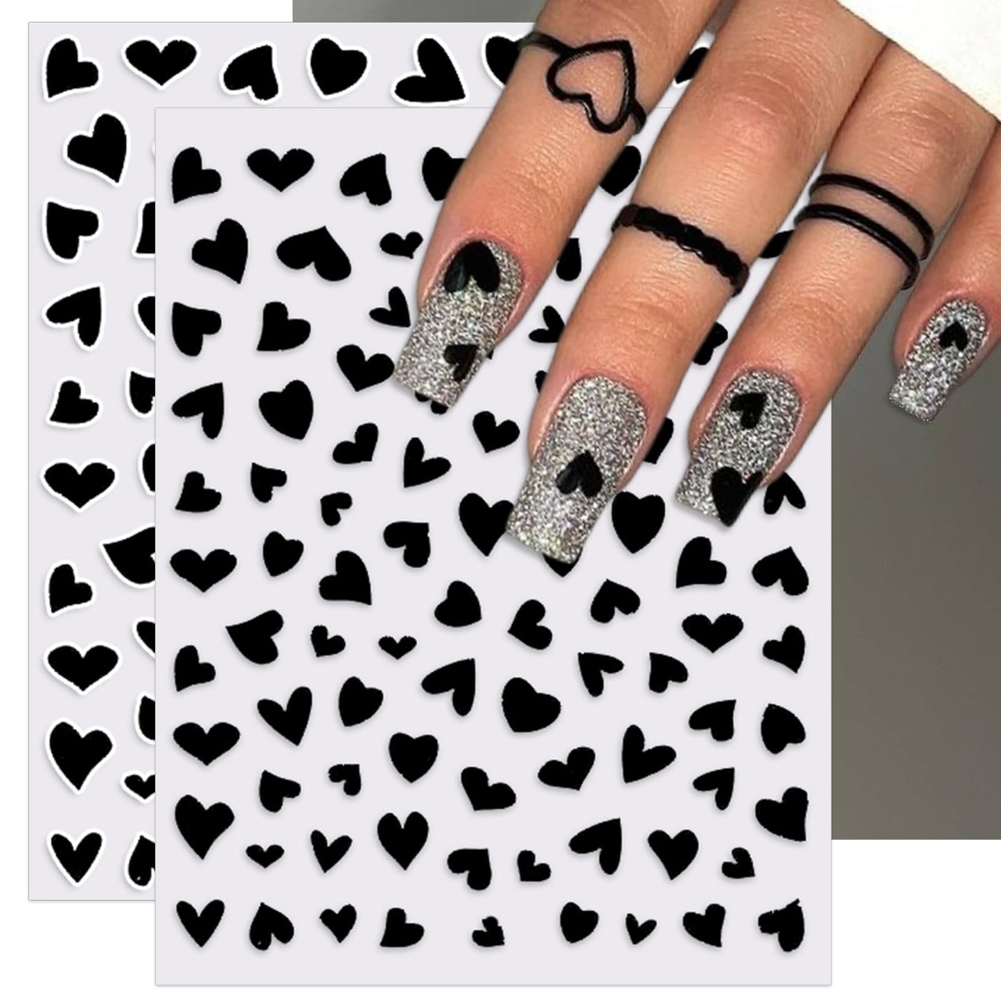 IDDFEVE Valentine's Day Nail Art Stickers - Sexy White Border Heart Nail Decals, Self-Adhesive Black White Red Pink Love for DIY 3D Nail Supplies Decoration (6 Sheets)