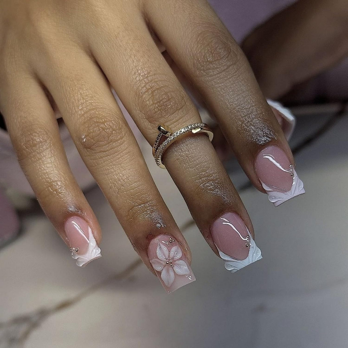 Square Press on Nails Short MABKJLF French Tip Fake Nails 3D Handmade False Nails with Flower Gold Bead Designs White Glossy Glue on Nail Acrylic Nails for Women Girls 24Pcs