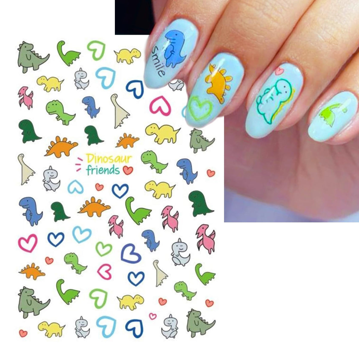 IDDFEVE Dinosaur Nail Art Stickers for Kids- Cute Cartoon Designs, 3D Self-Adhesive Heart DIY Nail Art Decals for Little Girls, Toddler (2 Sheets)
