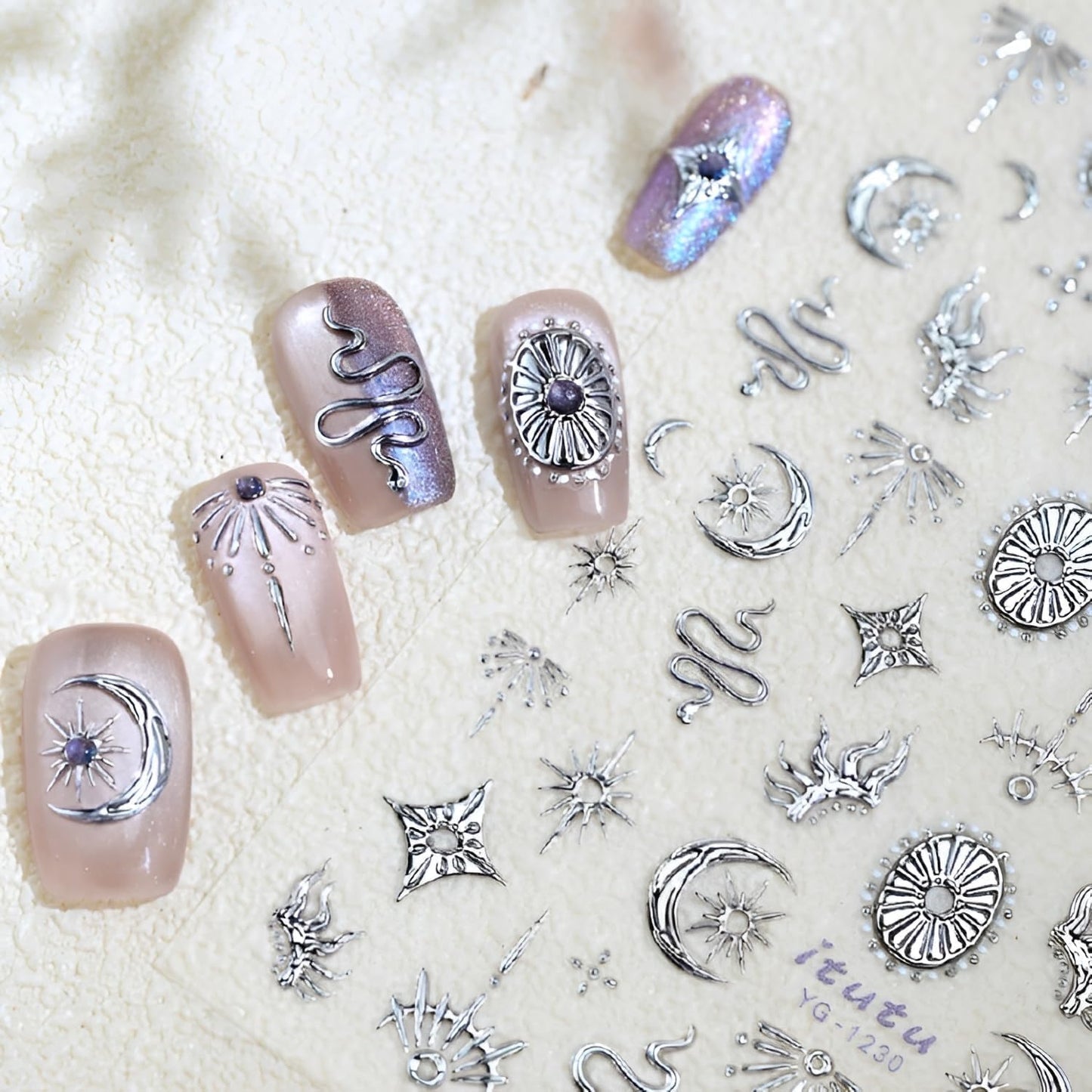 2 Sheet Snake Nail Stickers Silver Gold Nail Art Stickers Decals with Moon Sun Design Nail Stickers for Nail Art 5D Embossed Manicure Decoration for Women Nails Supplies