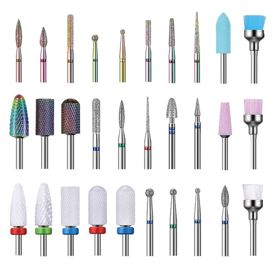 Nail Drill Bits Set, 3/32" Ceramic Tungsten Carbide Diamond Drill Kit,30Pcs Safety Professional Rotary Burrs Polish Nail File Bit for Acrylic Poly Nails Gel Cuticle Remover Electric Manicure Pedicure