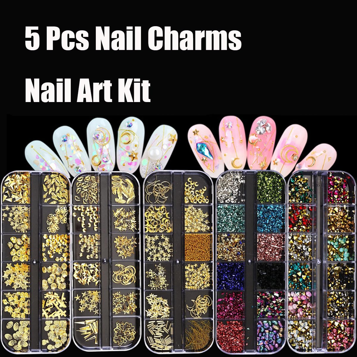 Nail Charms Nail Art Kit with 30 Sheets Gold Nail Stickers 5 Boxes of Nail Gems Nail Art Tools Nail Rhinestones for Nails Nail Supplies 3D Nail Charms and Gems Nail Decals Nail Pearls