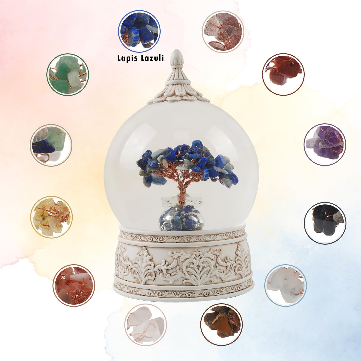 Lapis Lazuli Healing Crystal Tree Globe with Colorful Lights Sparkling Glitter, Natural Gemstone Base, Spiritual Meditation, Positive Energy Good Luck, Home Decor, Birthday Gifts (Lapis Lazuli)