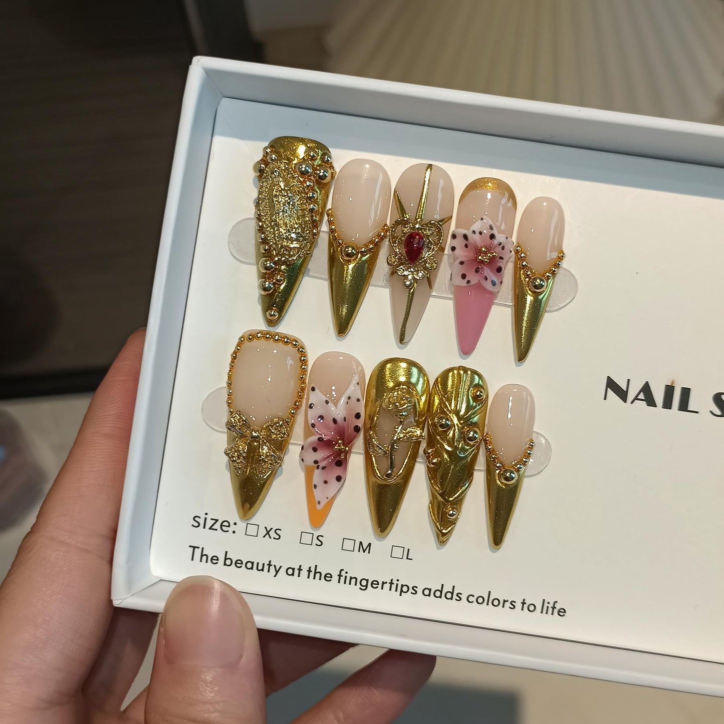 TENPAL Antique Gold French Tips Press on Nails Long Stiletto,Baroque Style Fake Nails with 3D Charms Roses,Cherubs,Bows,Soft Gel Metallic Fake Nails Kit Tools 10pcs,Full Cover Vintage Luxe Nails(S)