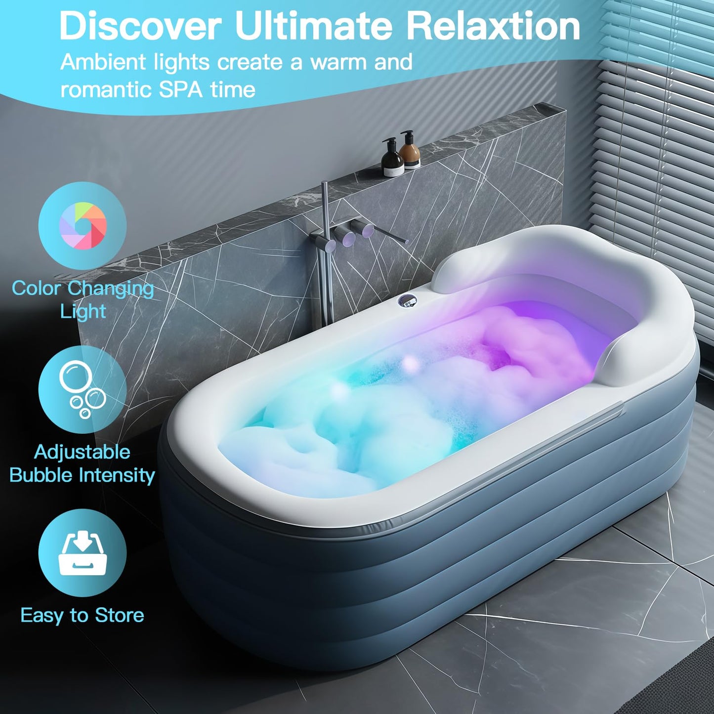 Adult Inflatable Bathtub with Air Bubble Mat, 66'' Portable Spa Water Therapy Soaking Tub with Romantic LED Lights, Pillow/Backrest/Armrests Supported (Air Pump Included)
