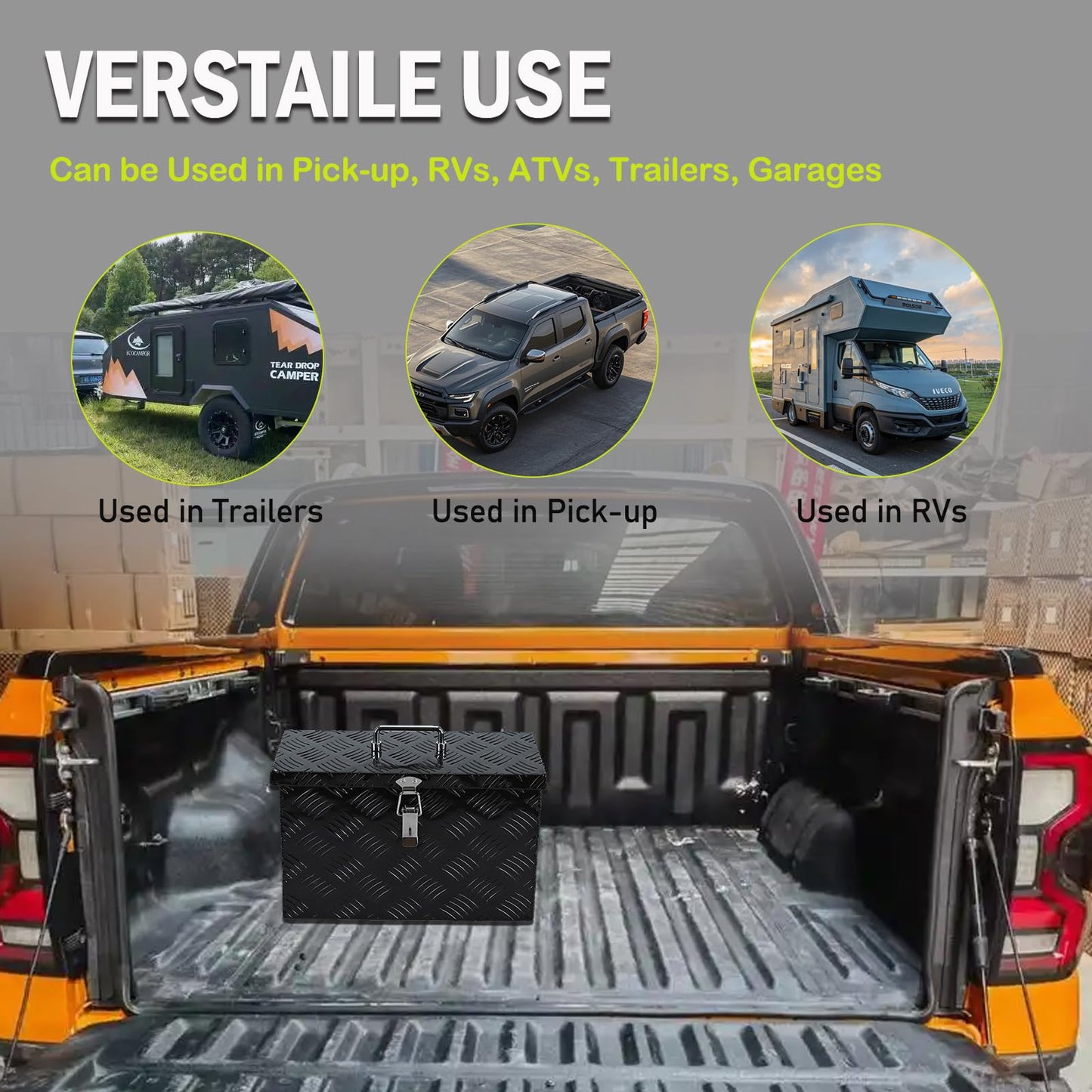 caqeg 16 Inch Heavy-Duty Aluminum Truck Tool Box with Stripe Tread Design – Waterproof, Rustproof Storage Organizer for Pickup Trucks, Trailers, and RVs – Black