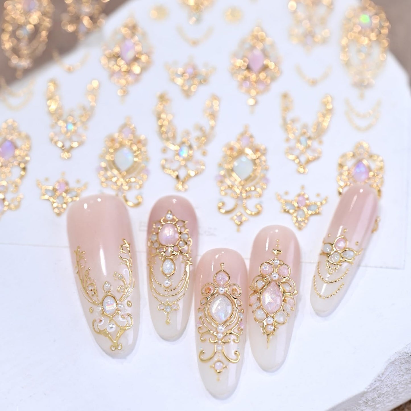 Gold Nail Stickers for Nail Art 5D Embossed Gemstone Nail Art Stickers Gold Mace Nail Decals Self-Adhesive Nails Design Supplies for Women Girls DIY Manicure