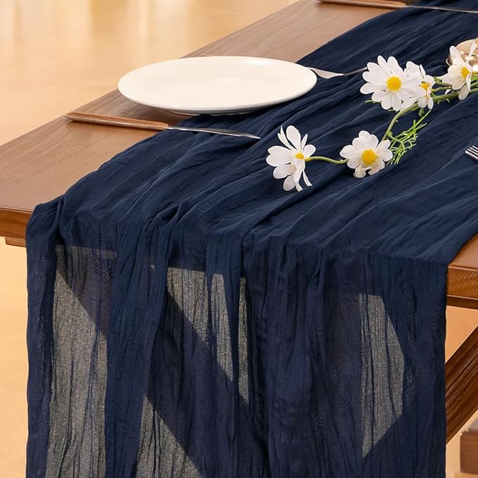 Socomi 2pcs Navy Blue Summer Cheesecloth Table Runner Boho Rustic Gauze 120 inch 10FT Cheese Cloth Sheer Runner for Wedding Party Baby Shower Birthday Home Decor Holiday Decorations