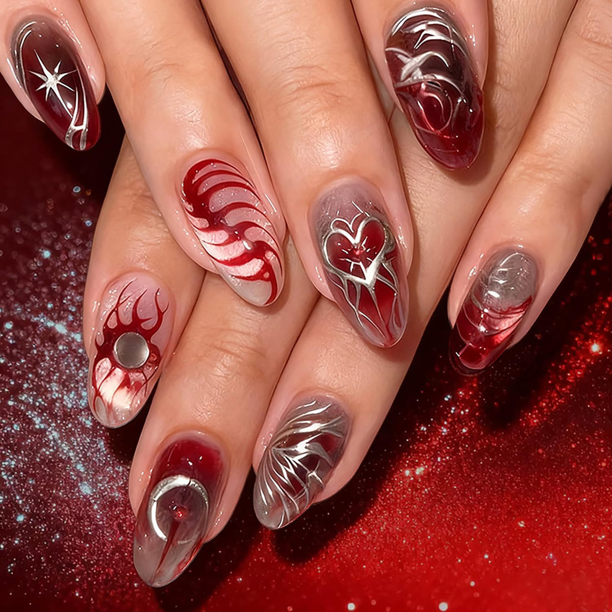 30 Pcs Mirror Press on Nails Silver Heart Moon Fake Nails Red Gradient Acrylic False Nail Medium Oval Glue on Nail for Women