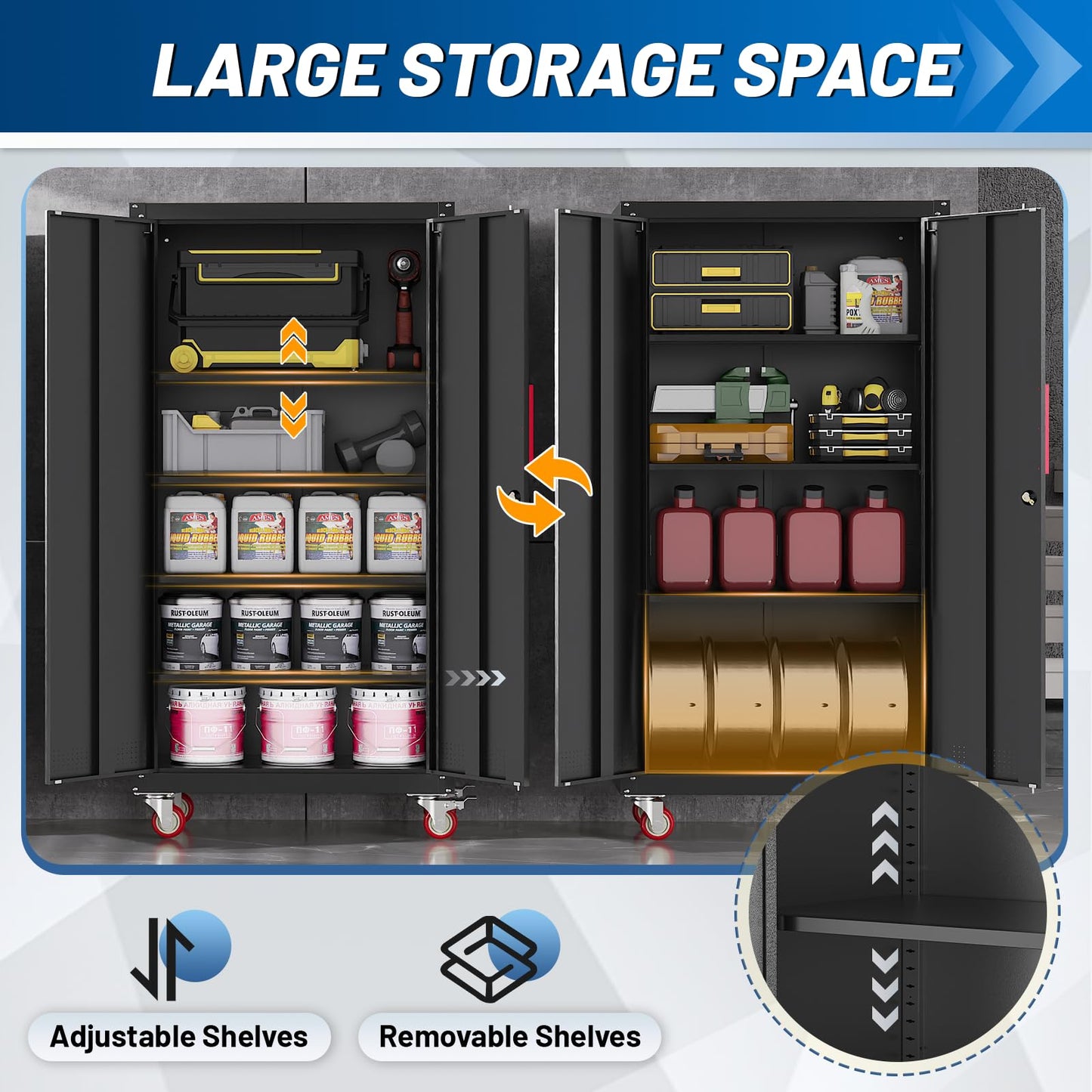 Rumetol Metal Storage Cabinet with Wheels,71" Garage Cabinets with 4 Adjustable Shelves and Lockable Doors,Black Locking Cabinet Suitable for Garages,Home,Office
