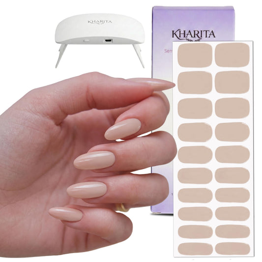 KHARITA Semi Cured Gel Nail Strips – Real Gel Nail Polish Wraps for Brittle Nails | Waterproof Long Lasting Easy Peel-Off Removal | Hema-Free | 20-Piece Nude Salon Sticker Kit with UV Light