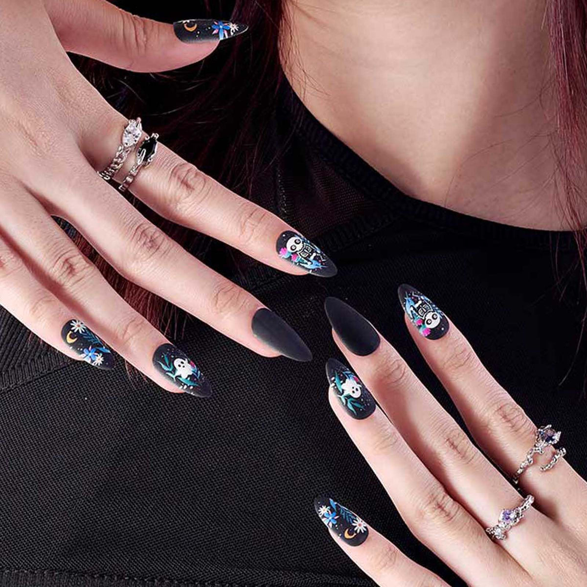 GLAMERMAID Dull Polish Black Press on Nails Medium Almond, Halloween Floral Ghost Gel Glue on Nail, Gothic Short Stiletto Reusable UV Finish Fake Nail, Acrylic Oval False Nails Manicure Kits for Women