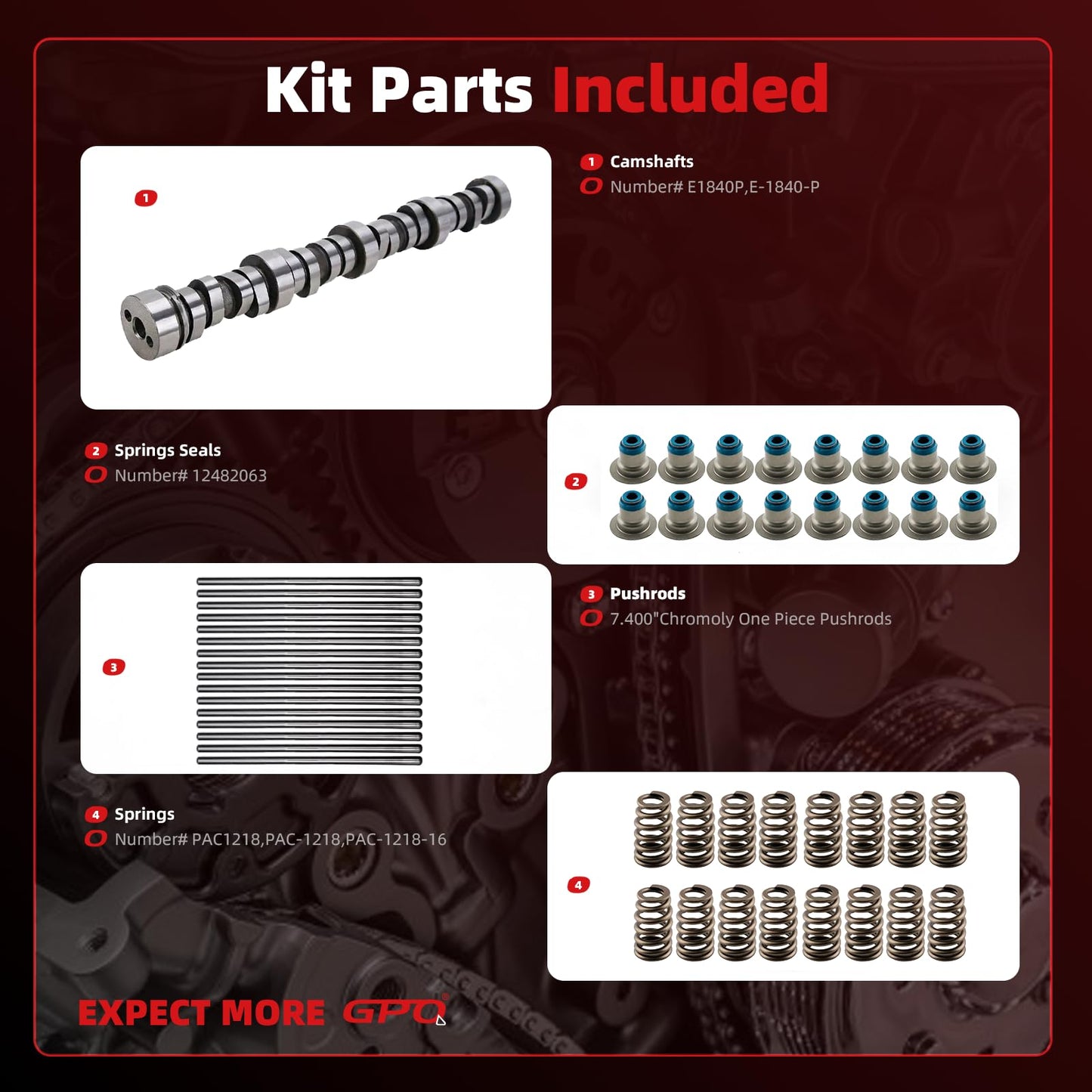 E1840P Stage 2 LS Camshafts Kit & Springs Seals Pushrods Fit For Gen 3/4 LS 4.8L 5.3L 5.7L 6.0L 6.2L 1997-2013 Fit For Chevrolet Silverado Tahoe Suburban GMC Sierra Yukon Pontiac G8
