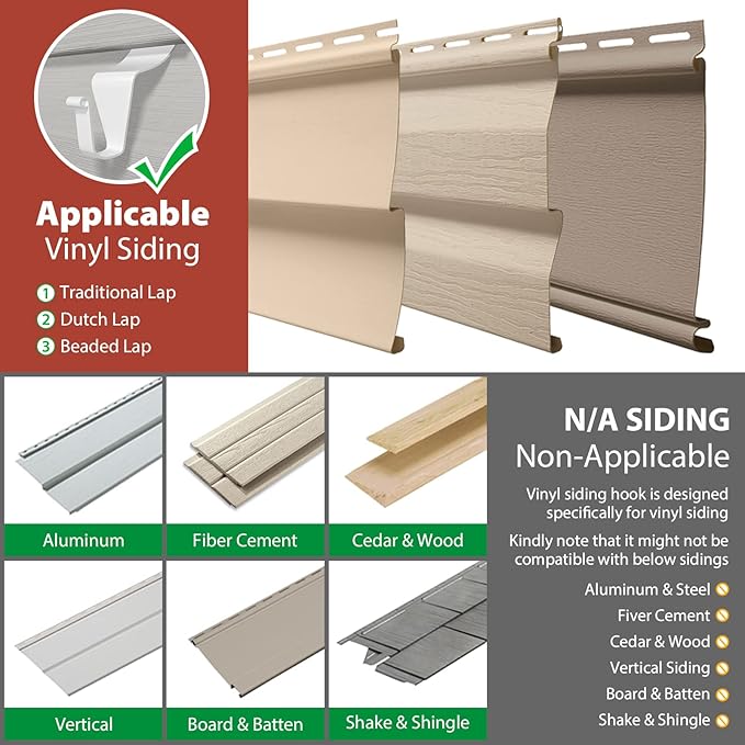 Booda Brand Vinyl Siding Hooks for Hanging (12 Pack), No Nails & Screws Needed Siding Hooks Vinyl Siding Clips, Heavy-Duty Stainless Steel Siding Hangers for Hanging Wreaths, String Lights, White