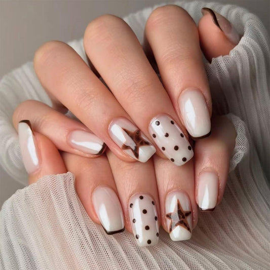 SINHOT Coffin Press on Nails - Medium Fake Nails, Glossy Finish, Polka Dot & Brown Star, Reusable Artificial False Nail Art - 24 Pcs Nail Kit with Glue