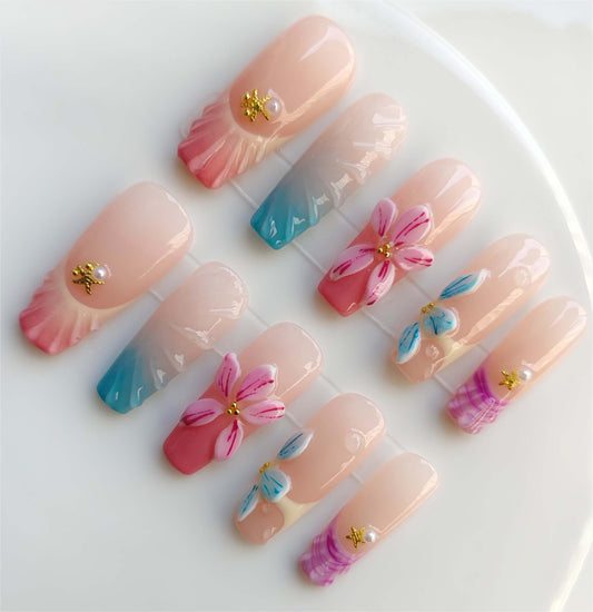 Gleamrain 10pcs Handmade Long Press-on Nails Coffin Shape (M Size) with 3D Flower Designs for Women Suitable for Summer Vacation, Beach Proms, Parties or Daily Wear, D101