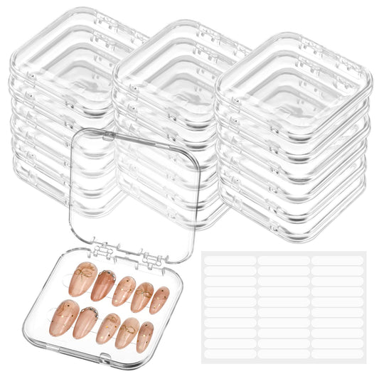 PEOVLVN 20pcs Press on Nail Storage Box Press on Nails Packaging Fake Nail Storages Case with 90 Pcs Adhesive Double Sided Tape for Fake Nail Storage Nail Display Nail Salon