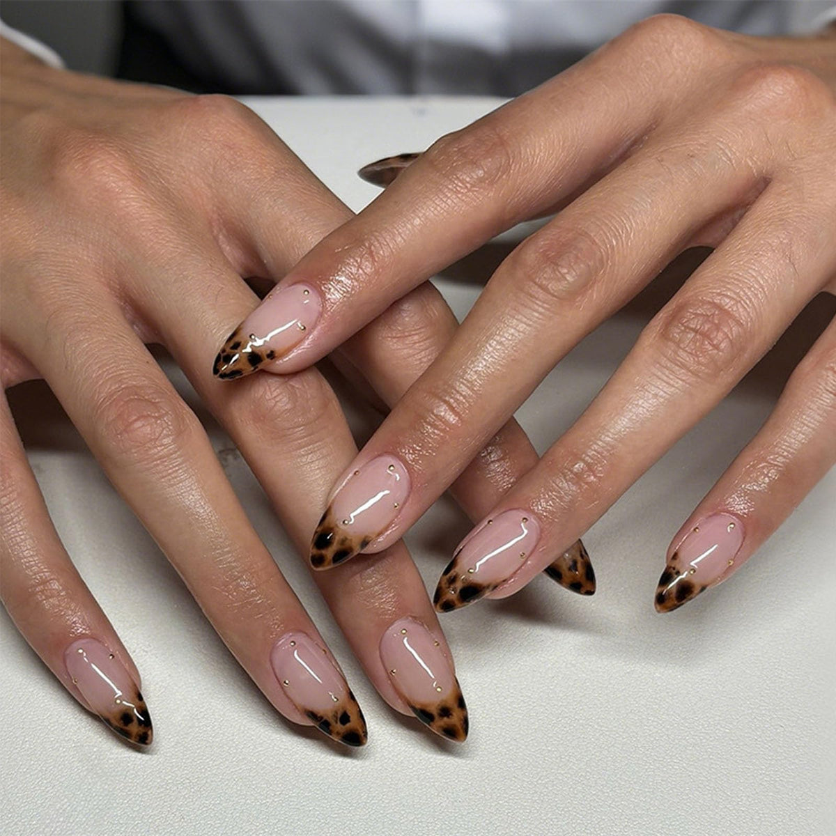 IMRAIN Fall Press on Nails - Medium Almond Fake Nails, Brown Leopard Print French False Nails Tips - Gold Bead Designs, Full Cover Acrylic Glossy Glue on Nails for Women Girls 24Pcs