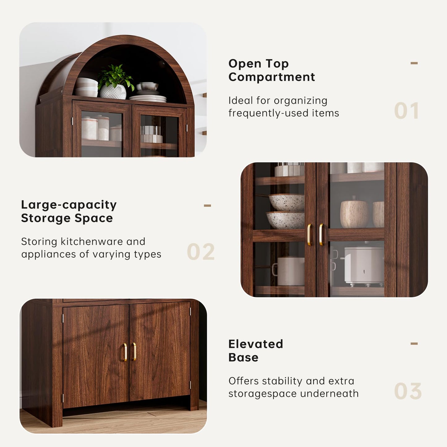 Breezestival 71" Tall Arched Kitchen Pantry Cabinet, Modern Farmhouse Wood Kitchens Storage Cabinets, Cupboard for Dining Room, Kitchen, Bathroom, Brown