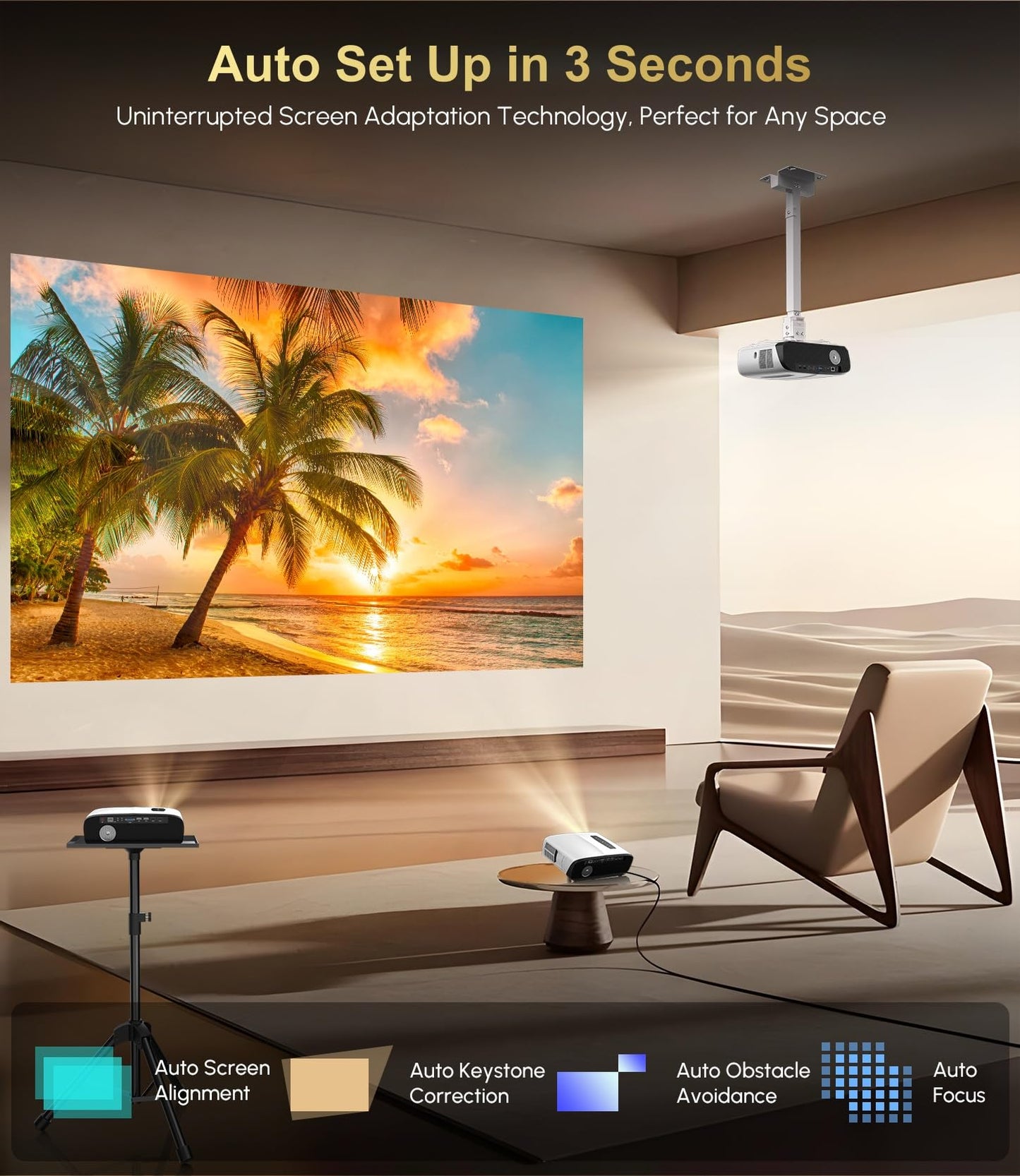 4K Office Smart Projector and Screen Combo – HDR10+ Outdoor Projector AI-AutoFocus, 2000 ANSI Daytime, WiFi6 Bluetooth, 38W DSP Speaker, Android 11, NFC HDMI USB for Dormitory Gaming Art Tracing