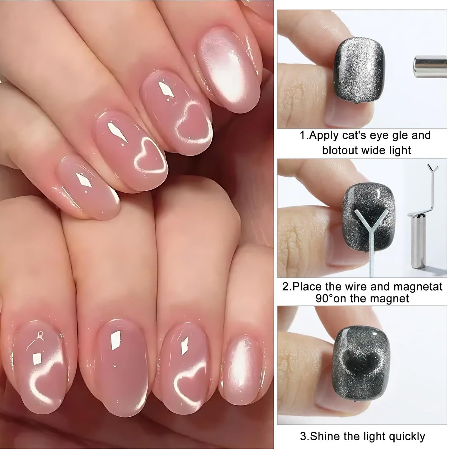 8pcs French Cat Eye Magnet Set,Double Headed V-shape Heart Magnet Strong Magnet Steel Ball Nail Art Magnetic Stick 2 in 1 Magnetic Stick Nail Art Gel Polish Manicure Accessories Tools Set