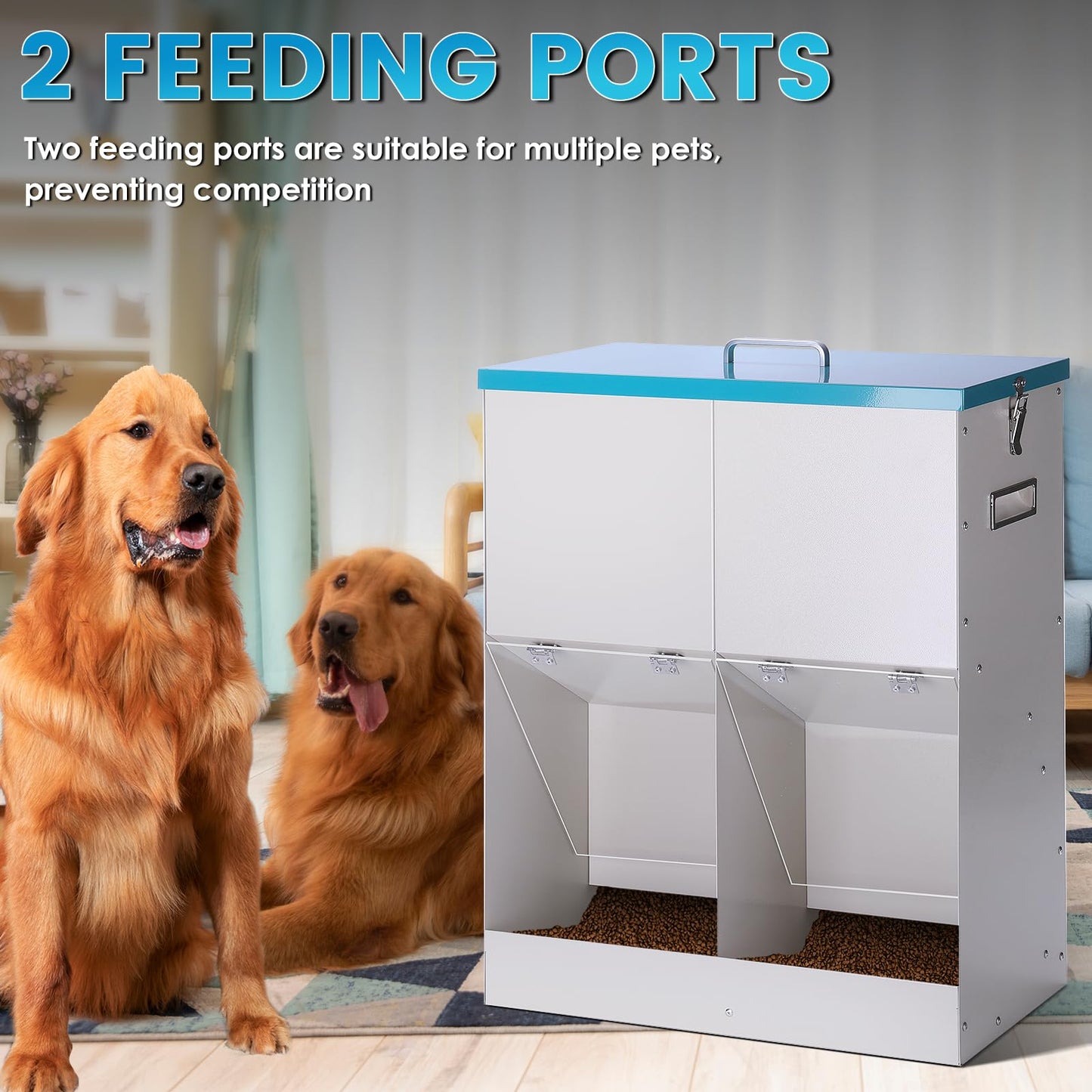 KHEARPSL 46lbs Automatic Dog Feeder for 2 Dogs Large Breed Dog Food Dispenser Outdoor Gravity Dual Pet Feeder Galvanized Steel Hangable Outside Pet Feeding Station