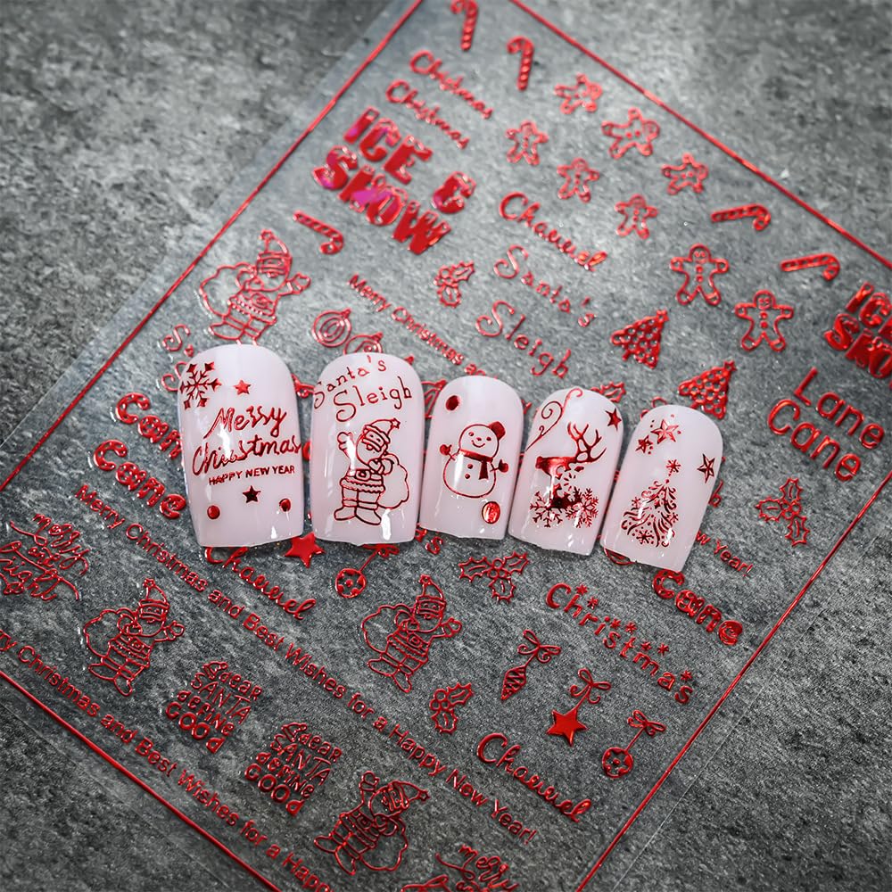 12PCS Christmas Nail Stickers Gold & Red Holographic Nail Art Stickers Festive Reindeer Snowflake Self Adhesive Nail Decals Santa Nail Art Supplies for Women Girls DIY Manicure Nail Art Decorations