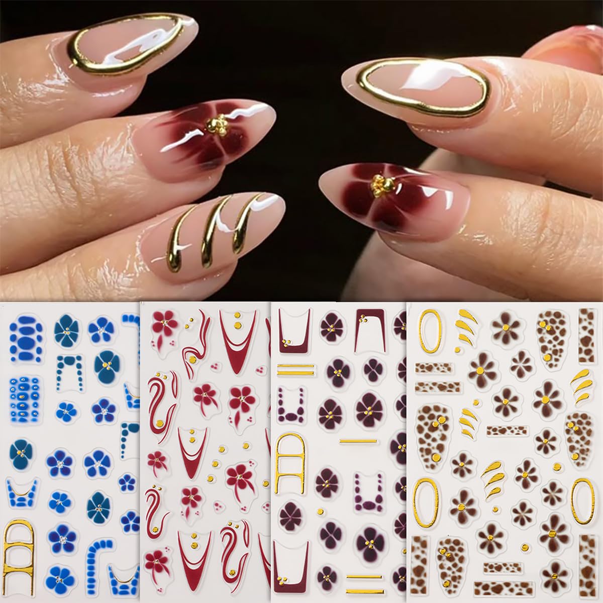 4 Sheet Flower Nail Art Stickers Golden Gilding French Design Nail Stickers 3D Self-Adhesive Exquisite Line Nail Decals Leopard Print Nail Art Decals Fall Flower Nail Supply for Women DIY Manicure