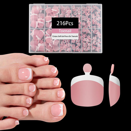 216pcs French Tip Press on Toenails Short Square，OPkssnails Pink Toe Nail Press On, Pre-Designed Soft Gel Toe Nail Tips, Soak off Acrylic Fake Toe Nail Extensions 12 Sizes