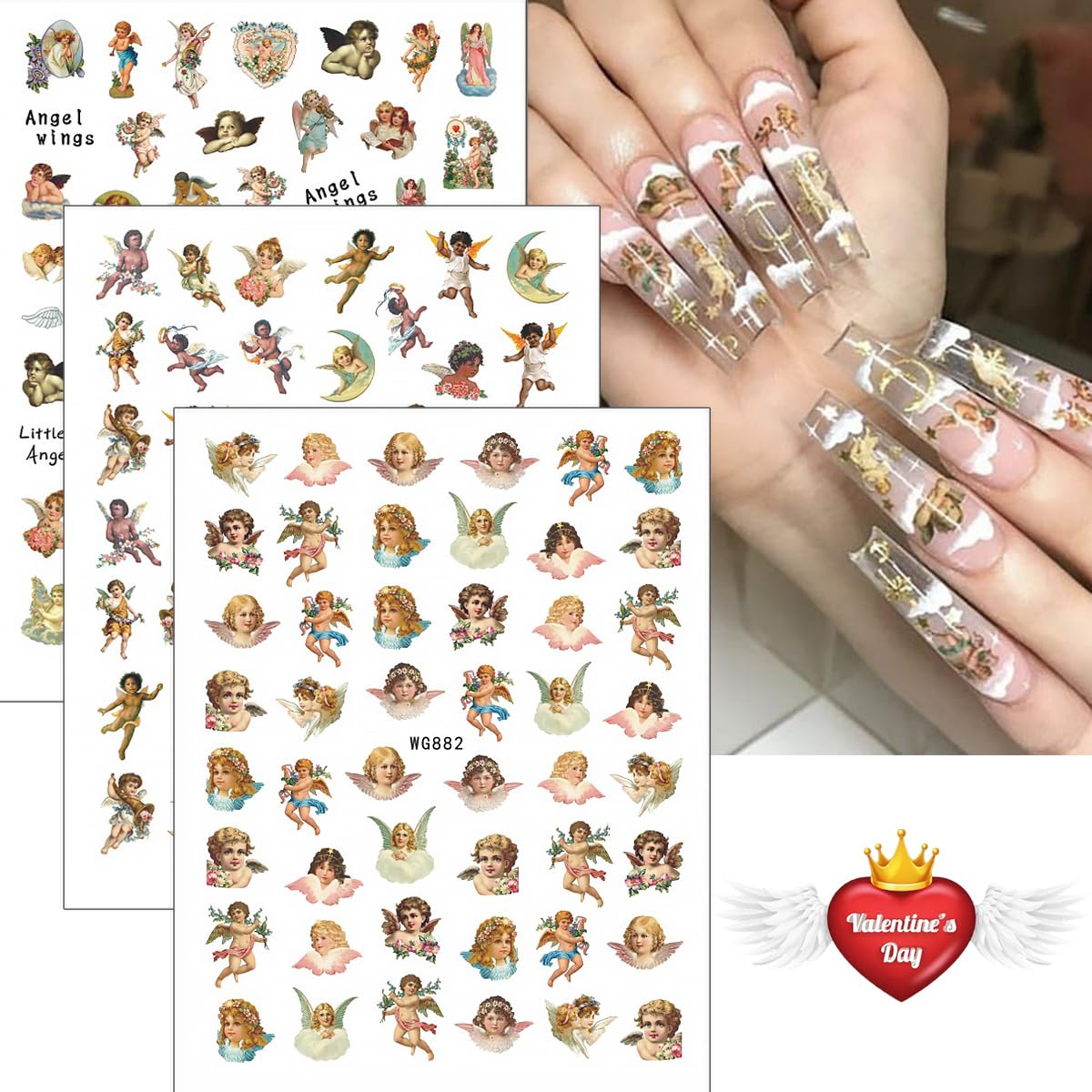 8 Sheets Angel Nail Art Stickers 3D Self-Adhesive Cupid Nail Decals Rose Flower Heart Wings Design Love Charms for Women Girls Acrylic Manicure Salon Decoration Kits