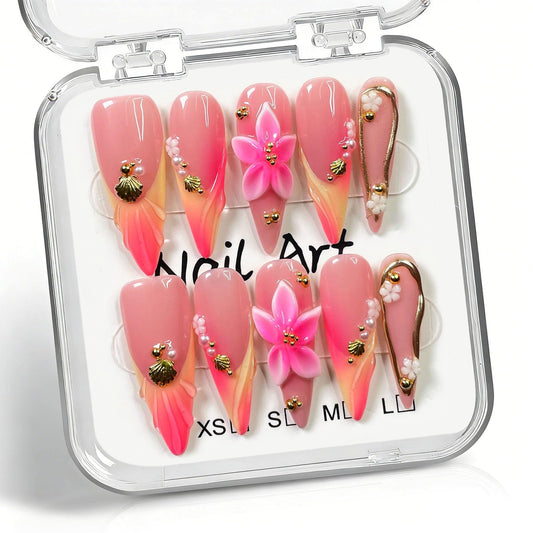10 Pcs Handmade Press on Nails Long Stilettos Fake Nails with 3D Flowers French Tip Design Pink Acrylic False Nails Stiletto Press Ons Nails for Women Wedding Manicure - M Size