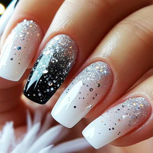 Black French Tips Press on Nails Medium Coffin Fake Nails Glossy Pink Ombre False Nail Silver Sparkle Reusable Glue on Artificial Fingernails for Women Party Style