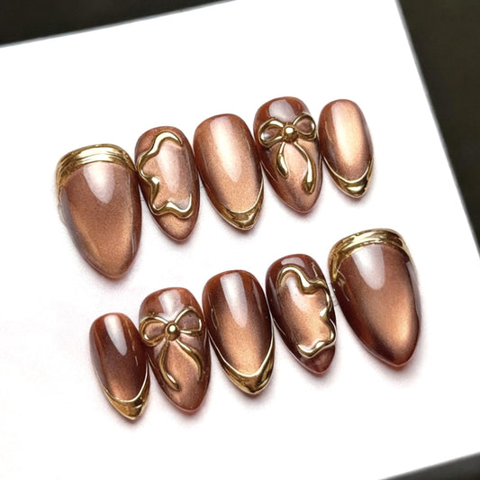 30Pcs Chrome Gold Press on Nails Medium Almond Fake Nails 3D Gold Pearls Bow Designs False Nails Gilded French Artificial Nails Glitter Full Cover Brown Smudge Glossy Acrylic Stick on Nail for Women