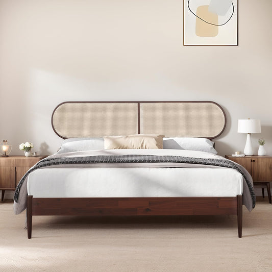CBHME Queen Bed Frame with Rattan Headboard, Solid Wood Foundation with 12-Slat Wood Support, Bohemian and Mid Century Style, No Box Spring Needed, Dark Walnut