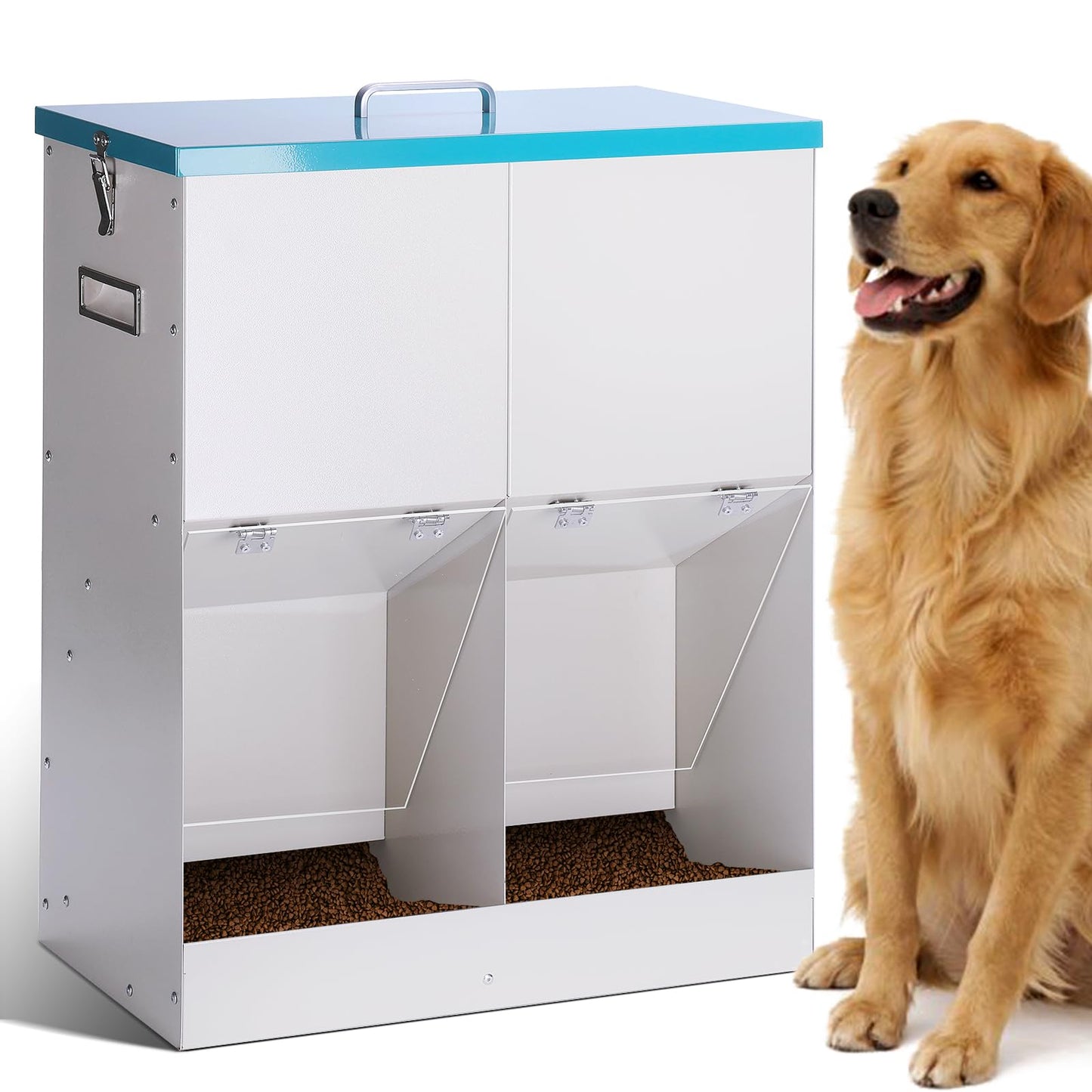 KHEARPSL 46lbs Automatic Dog Feeder for 2 Dogs Large Breed Dog Food Dispenser Outdoor Gravity Dual Pet Feeder Galvanized Steel Hangable Outside Pet Feeding Station