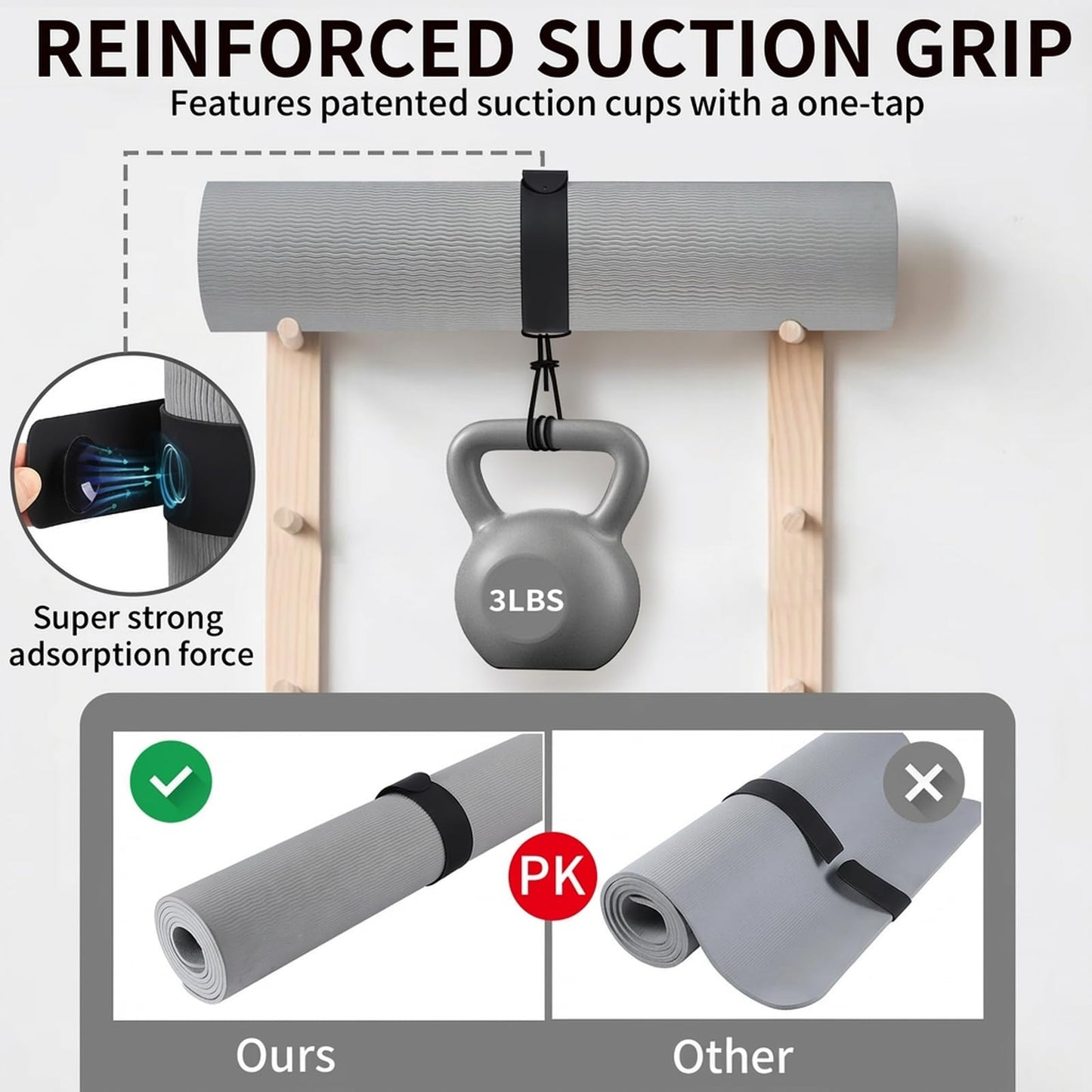 Yoga Mat Strap Slap Band- Extended Silicone Self-Rolling Mat Tie with Suction Cup Grip - Silent Snap Holder & Carrier for Thick Mats, Foam Rollers(25"L x 2""W) (Black)"