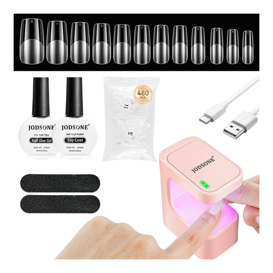 JODSONE Gel Nail Kit Square Nail Tips 480PCS Mini Rechargeable Nail Lamp Pre Shaped Clear Full Cover Fake Nails Tips with Nail Glue & Top Coat U V LED Curing Lamp DIY Manicure Gifts for Women