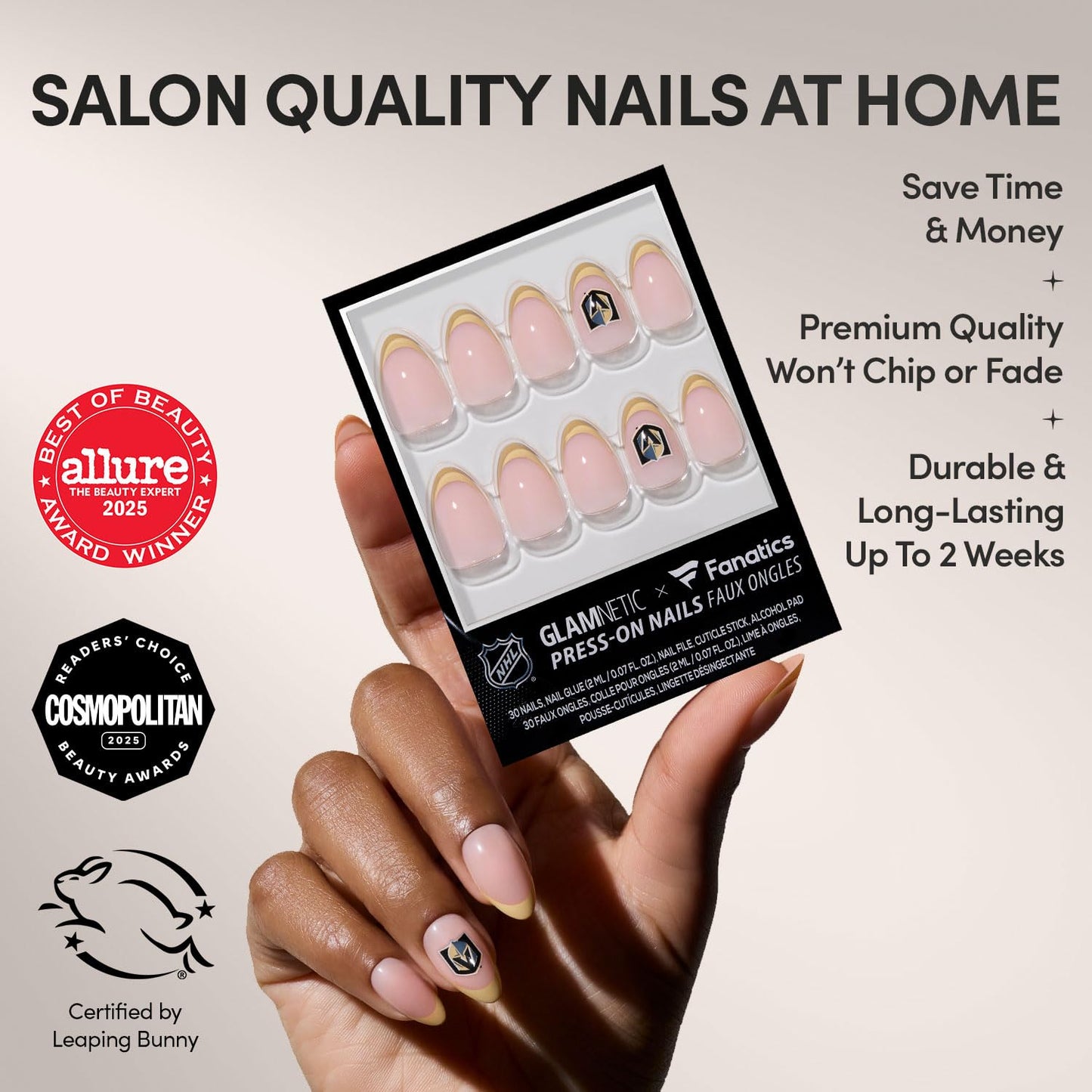 Glamnetic x Fanatics Press On Nails - Vegas Golden Knights | Short Almond Fake Nails, NHL Knights Gold French Tips, Hockey Nails, Salon-Quality | 15 Sizes - 30 Nail Kit with Glue