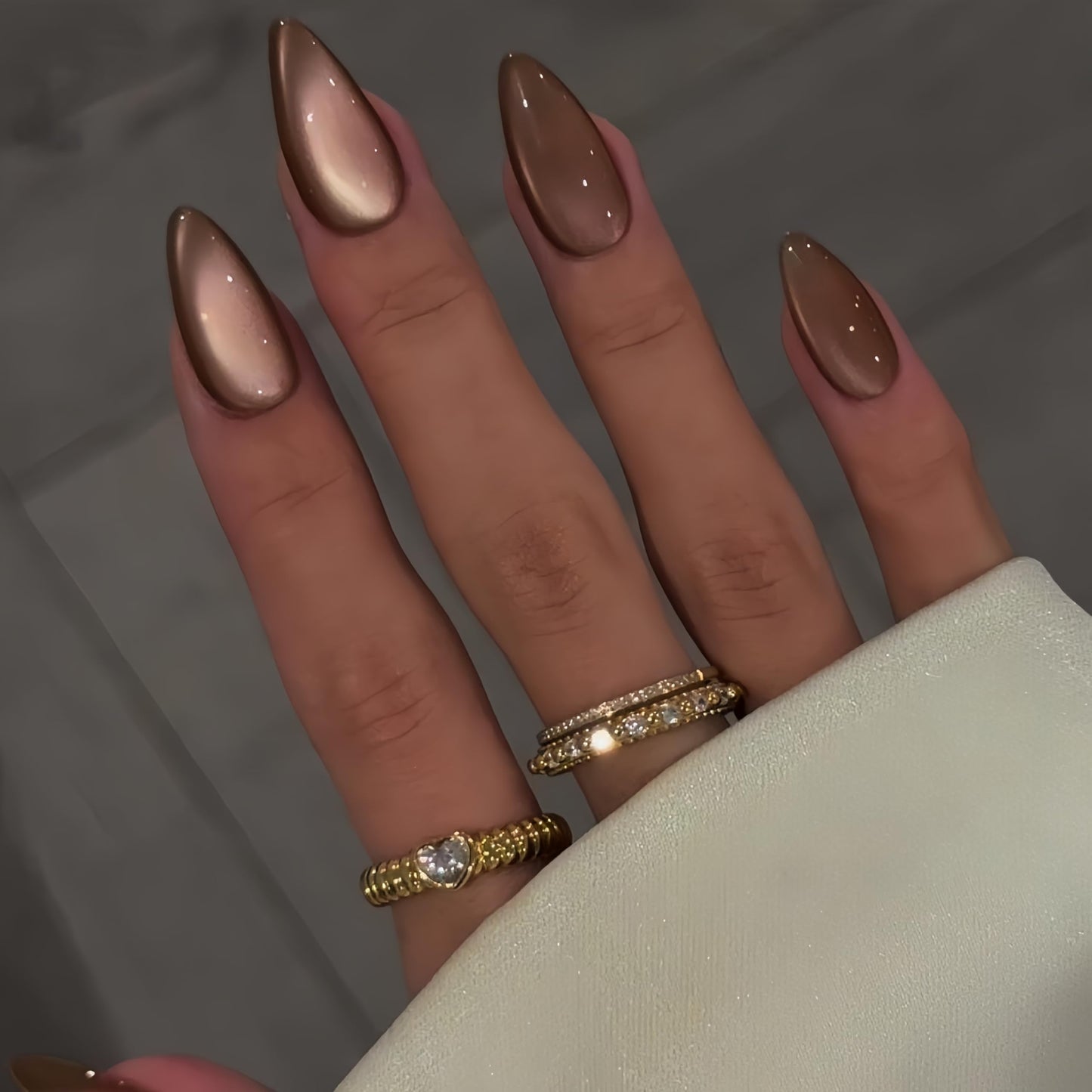 SXVME Cat Eye Dark Brown Press On Nails Medium Almond Shaped - 30 Pcs Stiletto Fake Nails Acrylic Press ons, Natural Fit, Opaque Glitter Chrome Gel Nails Stick on, Soft Gel Glue on Nails for Women