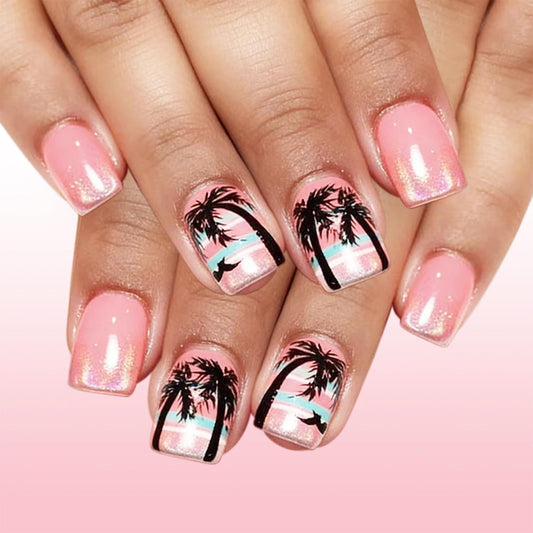 Coconut Tree Press on Nails with Gold Glitter Design Glossy Pink Fake Nail Short Square False Nails Summer Stick on Nail for Women Daily Wear Ocean Glue on Artificial Fingernails