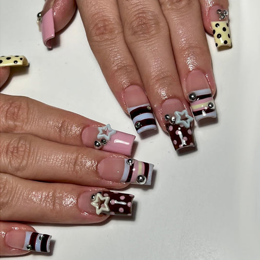 octoswave Long Square Press on Nails - Cute Pink Brown Y2K Fake Nails with 3D Stars Polka Dots - 24 Pcs False Nails Kit with Adhesive Tabs