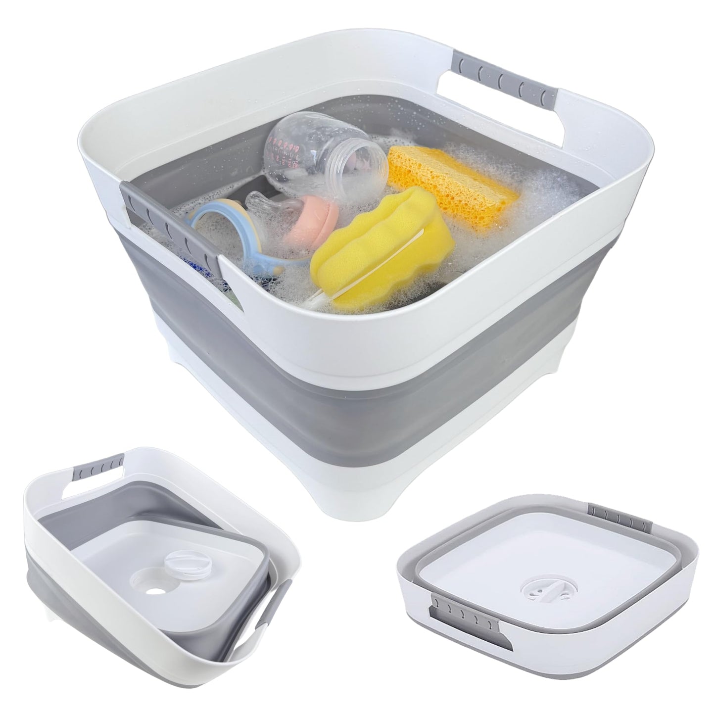 GIMWA 2.6 Gal(10L) Collapsible Wash Basin for Baby Bottles, Gray Space-Saving Collapsible Dish Basin with Drain Plug for bottle washing, Collapsible Bucket for RV Kitchen Essentials