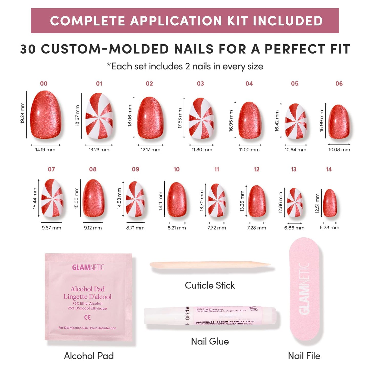 Glamnetic Press-On Nails Bundle - Candy Crush & Snow Bunny | Short Oval Fake Nails with Candy Cane Swirl Design and Velvet Finish | Pale Blue Short Almond Fake Nails with French Tips & 3D Snowflake De
