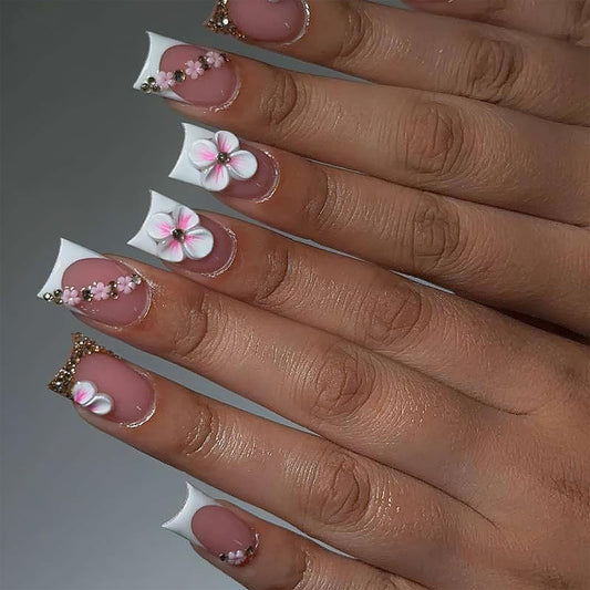 Jremg White French Tip Press on Nails Medium Square Fake Nails with Rhinestones Designs Cute 3D White Floral False Nails Glossy Gold Glitter French Full Cover Glue on Nails for Women Daily Wear 24Pcs
