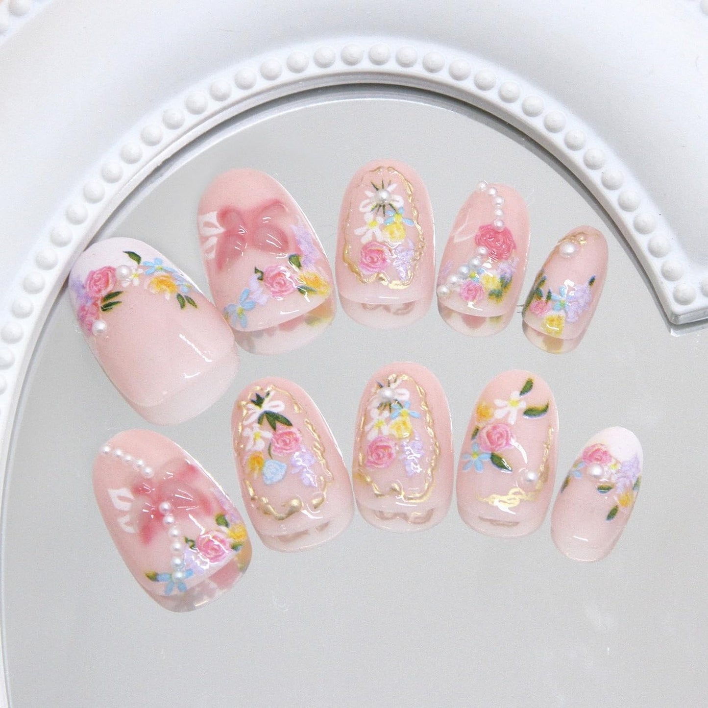 White French Tip Press on Nails Short Oval SWEKKE Fake Nails Floral False Nails with Gold Curve Line Rose Bow Pearls Designs Cute Glossy Glue on Nail Acrylic Nail for Women Girls 24Pcs